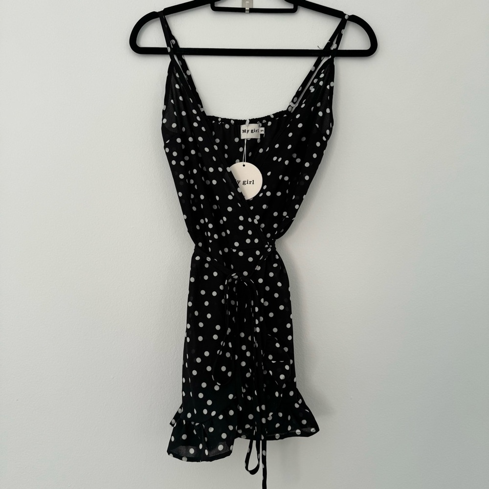 Princess Polly Black Polka Dot Mini Wrap Dress